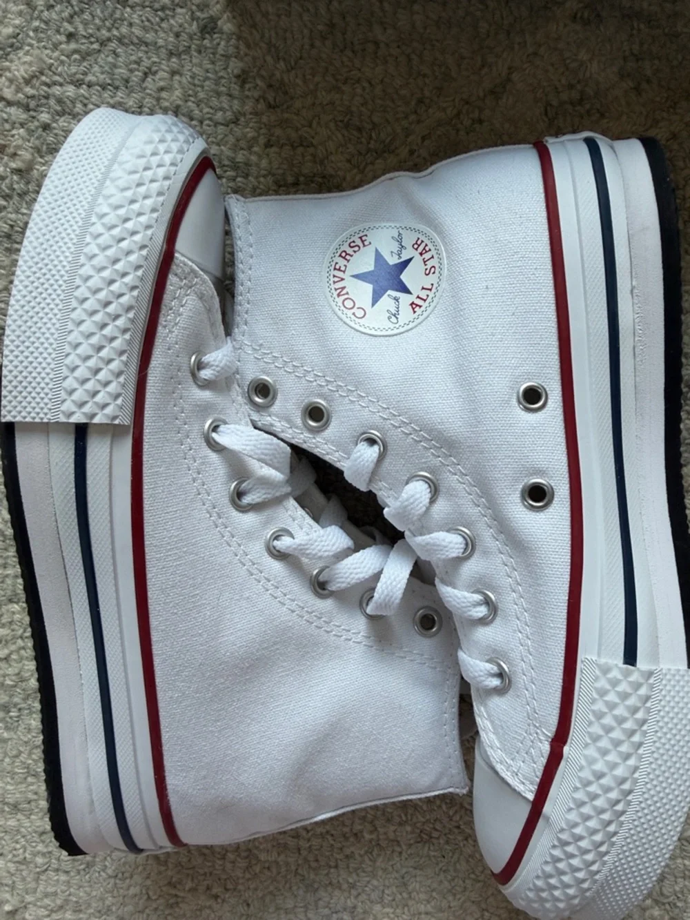 Converse White High Top Sneakers with Red & Navy Trim Kids Size 2 - Picture 4 of 6